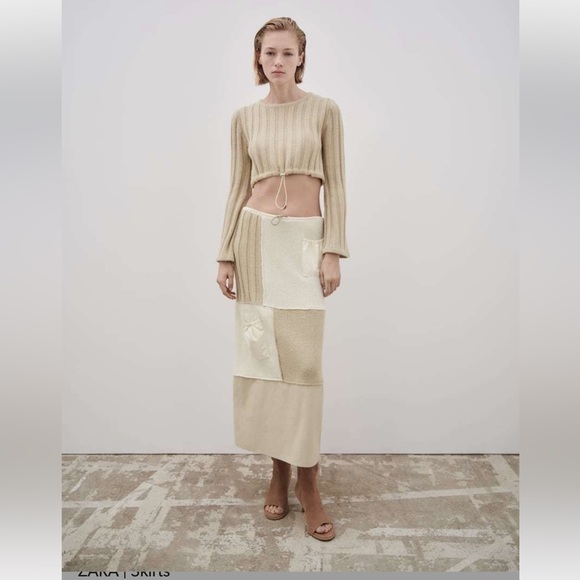 ZARA NEW WOMAN HIGH-WAIST LONG KNIT PATCHWORK SKIRT ECRU - Picture 1 of 7